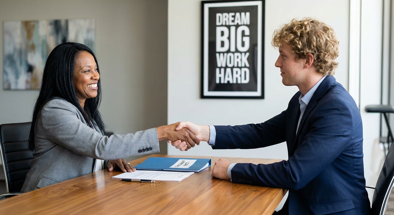 commercial, meeting, handshake, agreement, good luck, professional, office, diversity, collaboration, finance, loan, approval, to trust, transaction, documents, entrepreneur, business, workplace, management, recruit, interview, ai generated
